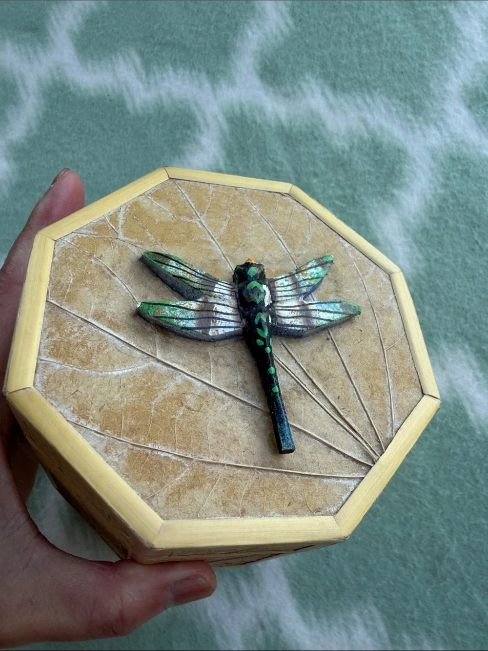 Octagonal Decorative Box with Dragonfly Accent - Beige and Green